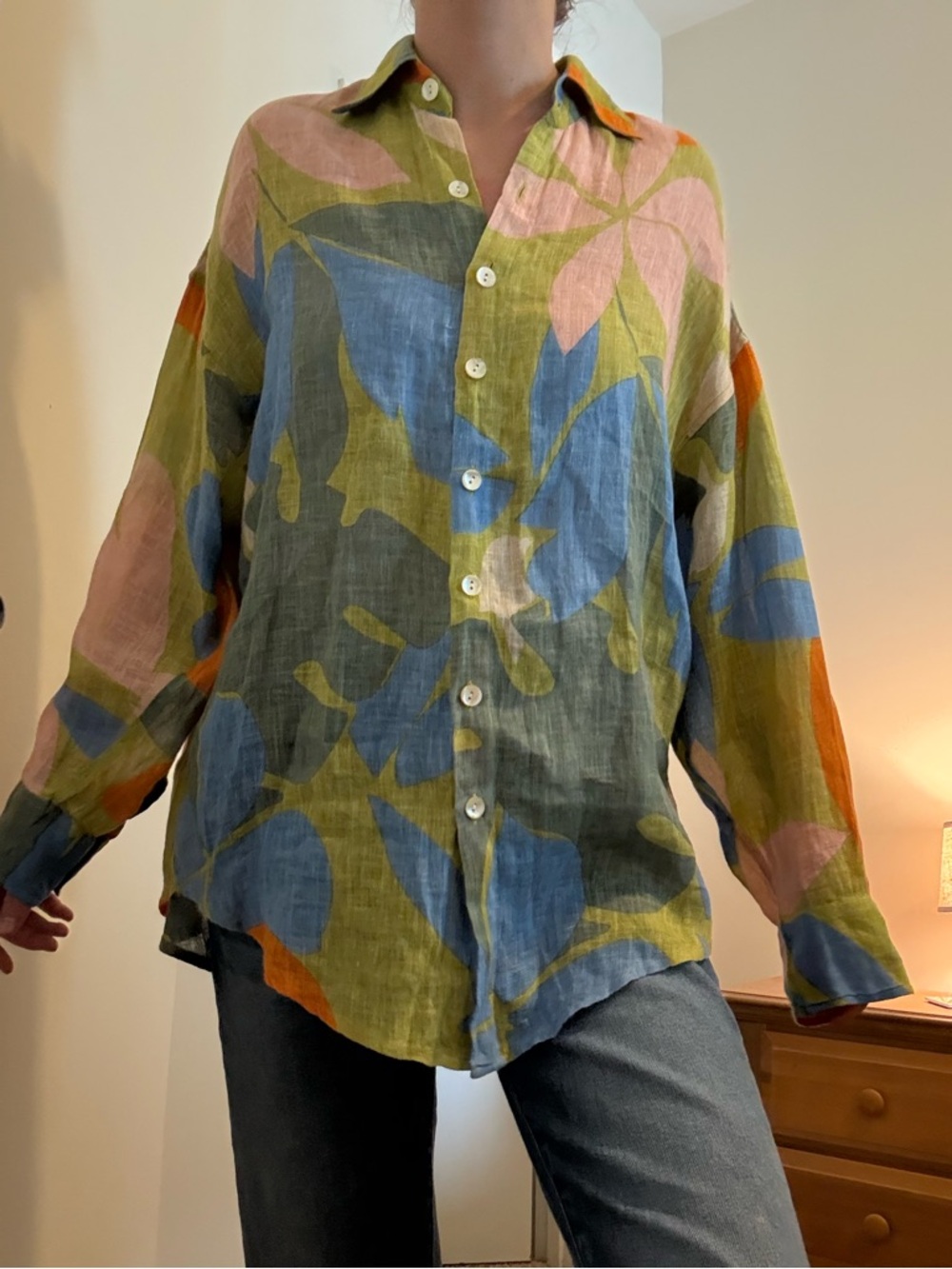 Vitamin A Olive Green Floral Print Button-Down Shirt with Blue and Pink Accents